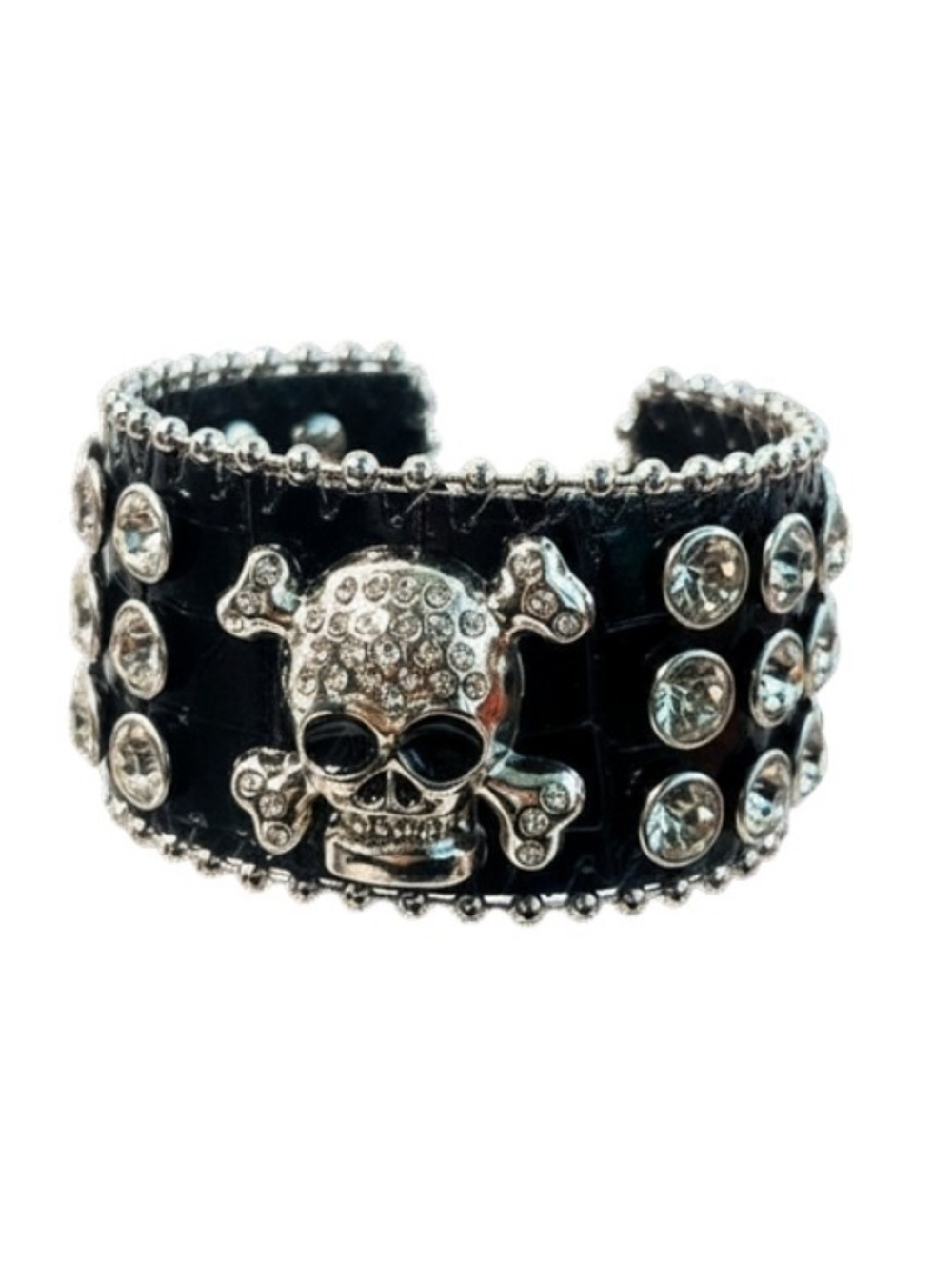 Skull Accent Black Leather Cuff Bracelet